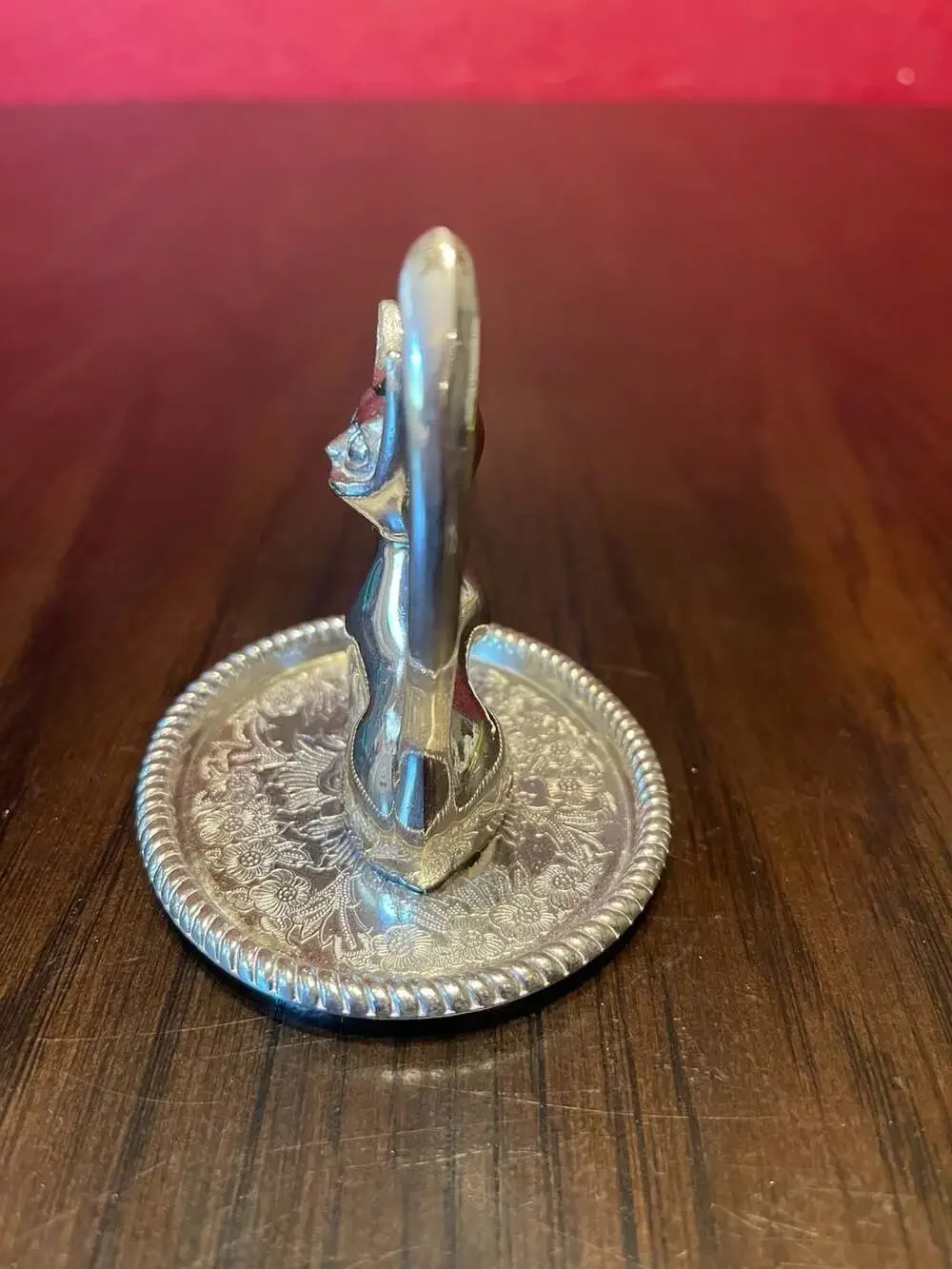 Vintage Kitty Cat Ring Jewelry Holder Tray Floral Engrave Base Midcentury Silver